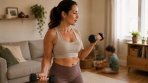 Mujer entrenando fuerza para perder grasa abdominal después de ser mamá