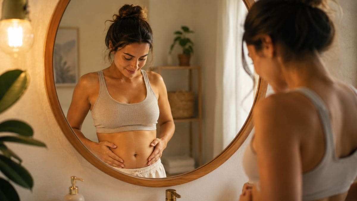 Mujer de 40 años mirando su abdomen frente al espejo, reflexionando sobre los cambios corporales en la menopausia